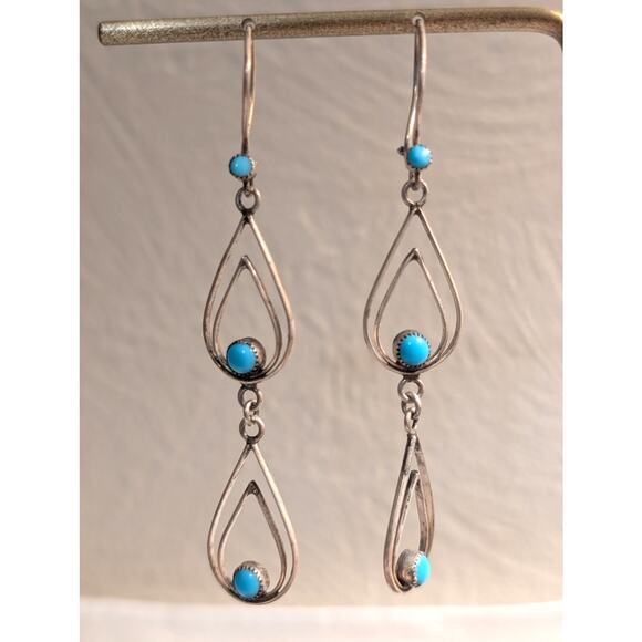 Vintage Petit Point Turquoise 925 Sterling Silver Dangle Kidney Wire Earrings - Picture 5 of 5